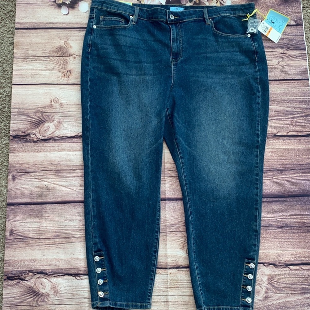 CeCe Plus Size High-Rise Indigo Denim Pearl Button Hem Skinny Jeans 24W - Picture 3 of 7